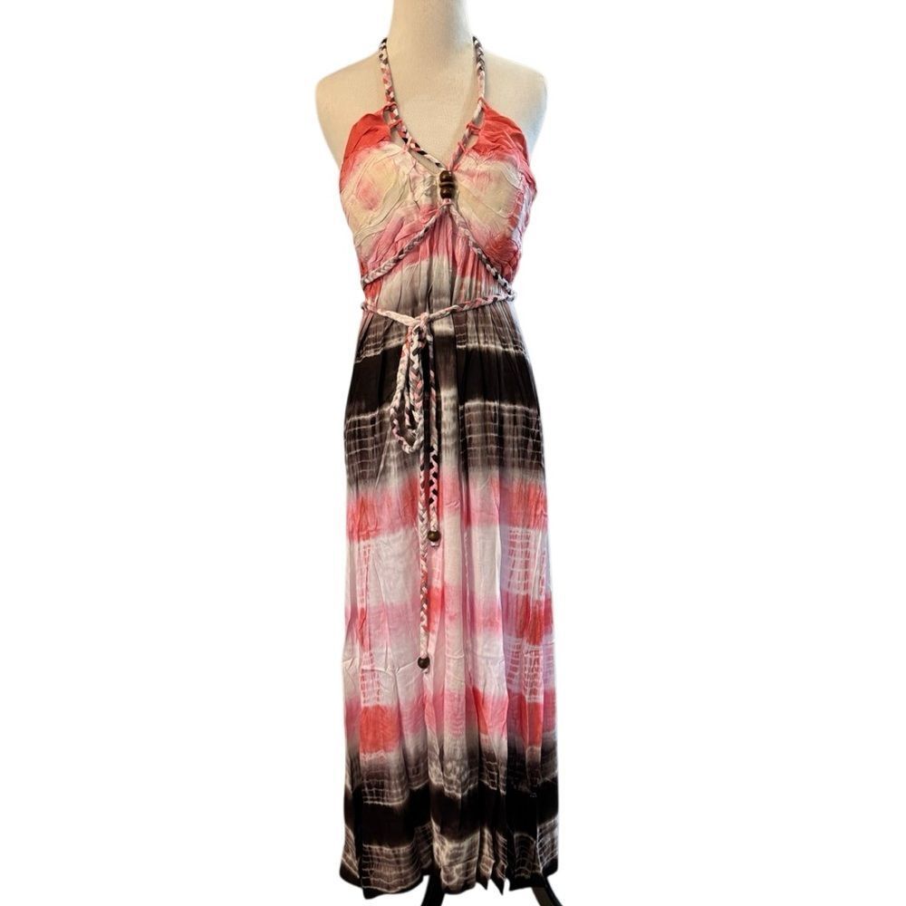 NWT Chaudry KC Boho Maxi Dress Tie-Dye Halter with Braided Belt & Wood Beads